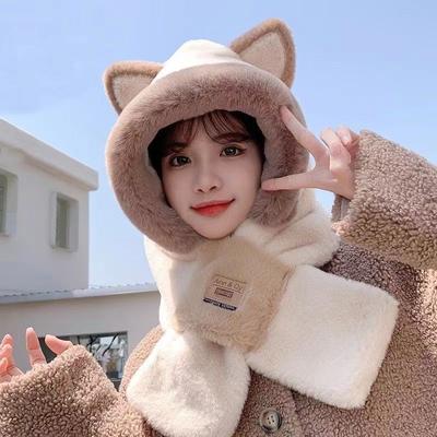 Inverno Semplice Nuovo Stile Spessa Calda Sciarpa di Peluche Tutto in Uno Sciarpa con Cappuccio Tre in Uno Carino Cappello con Orecchie di Volpe Maschera da Sci con Cappuccio da Donna