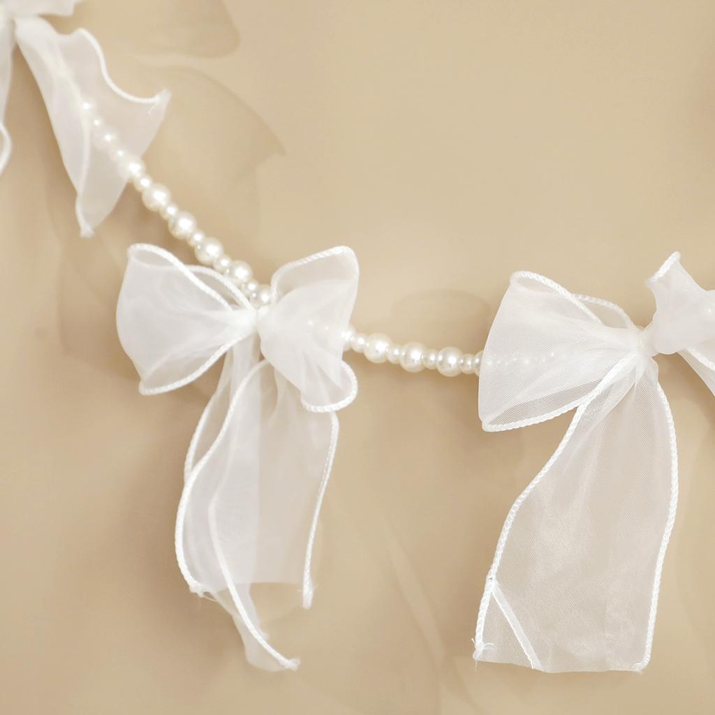 Elegant White Organza Ribbon and Pearl Garland, Wedding Party Decor, Bridal Shower Hanging Garland with Bows, Home Decor Banner