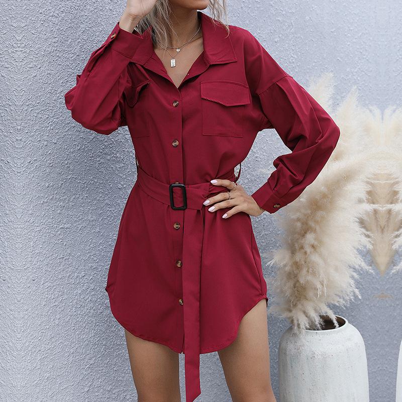Casual versatile retro long-sleeved lapel solid color shirt skirt