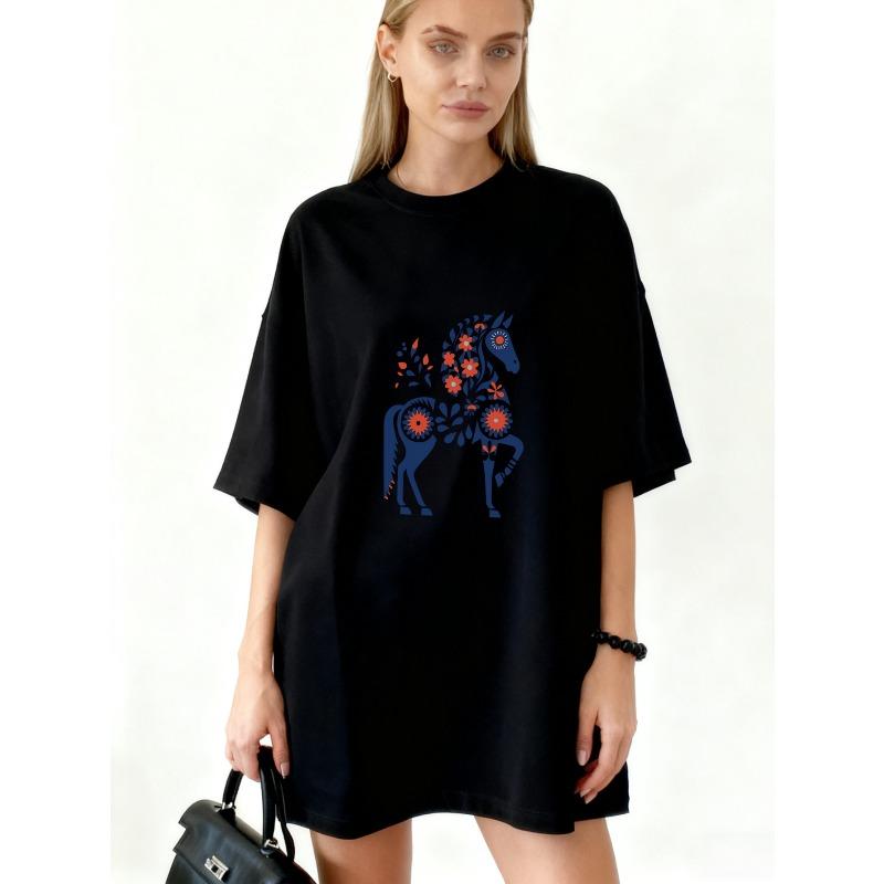 

Oversized T Shirt Dress Black Floral Horse Print Casual Wear For Women S