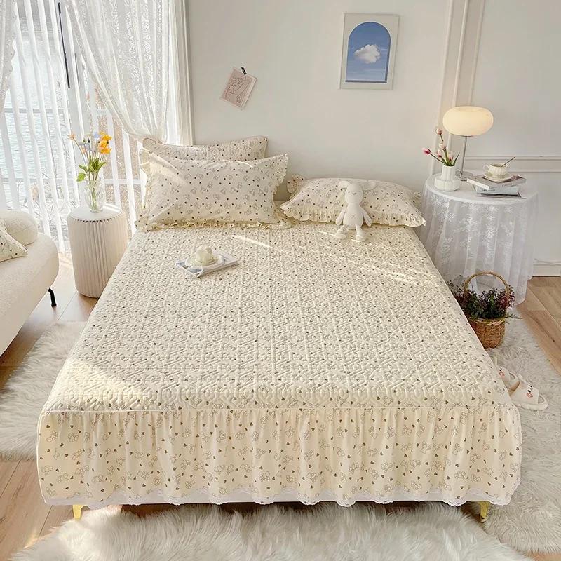 1pc Pure Cotton Thicken Quilted Mattress Cover with Skirt Queen/King Bed Sheet Skirt Elastic Band 200x220cm (No Pillowcase)