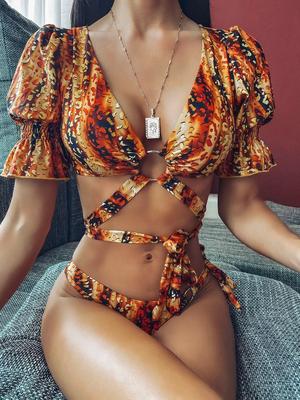 Two Piece Swimsuit Swimwear Women Short Sleeve Leopard Print Bikinis Set Bathing Suit Beachwear Maillot De Bain Femme