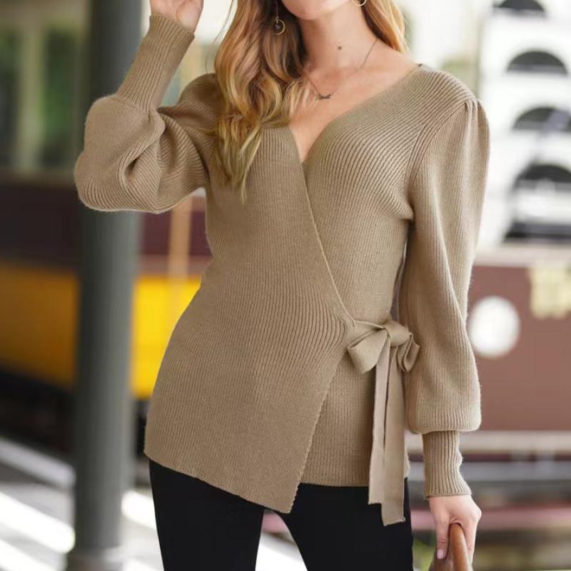 IHUASU Autumn and Winter Tie Temperament Commuter V-neck Jumper Women's Loose Large Size Fashion Knitted Cardigan