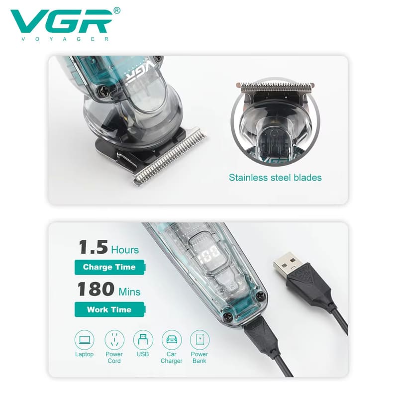 VGR Wireless Hair Clipper Rechargeable Digital Display Hair Clipper Hair Salon Household Waterproof Electric Hair Clipper Transparent Body