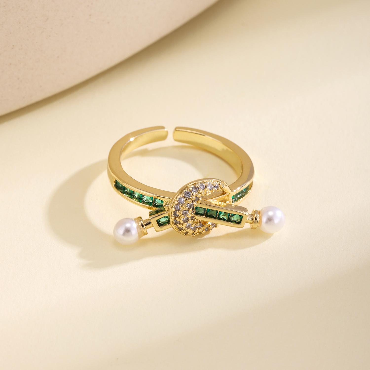 

Nidin Vintage French Style Pearl Open Ring For Women Horseshoe Buckle Jewelry With Zircon Inlay Adjustable Size Daily Wear Gifts resizable зелений