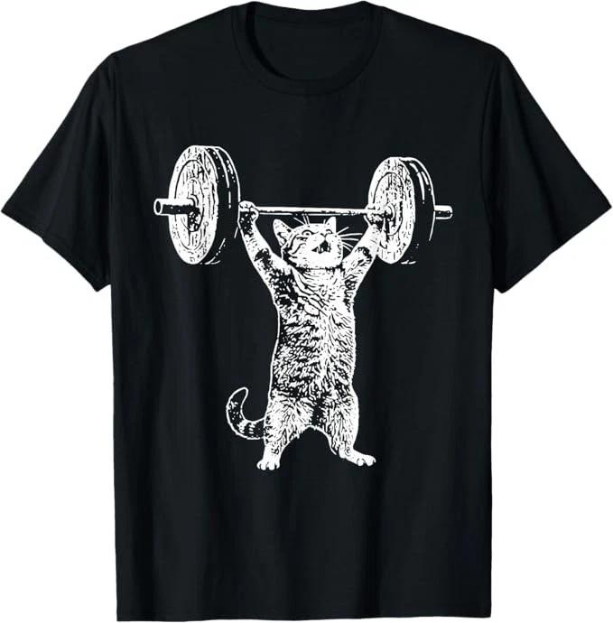 Vintage Retro Weight Lifting Gym Cat Deadlift Funny T-Shirt L