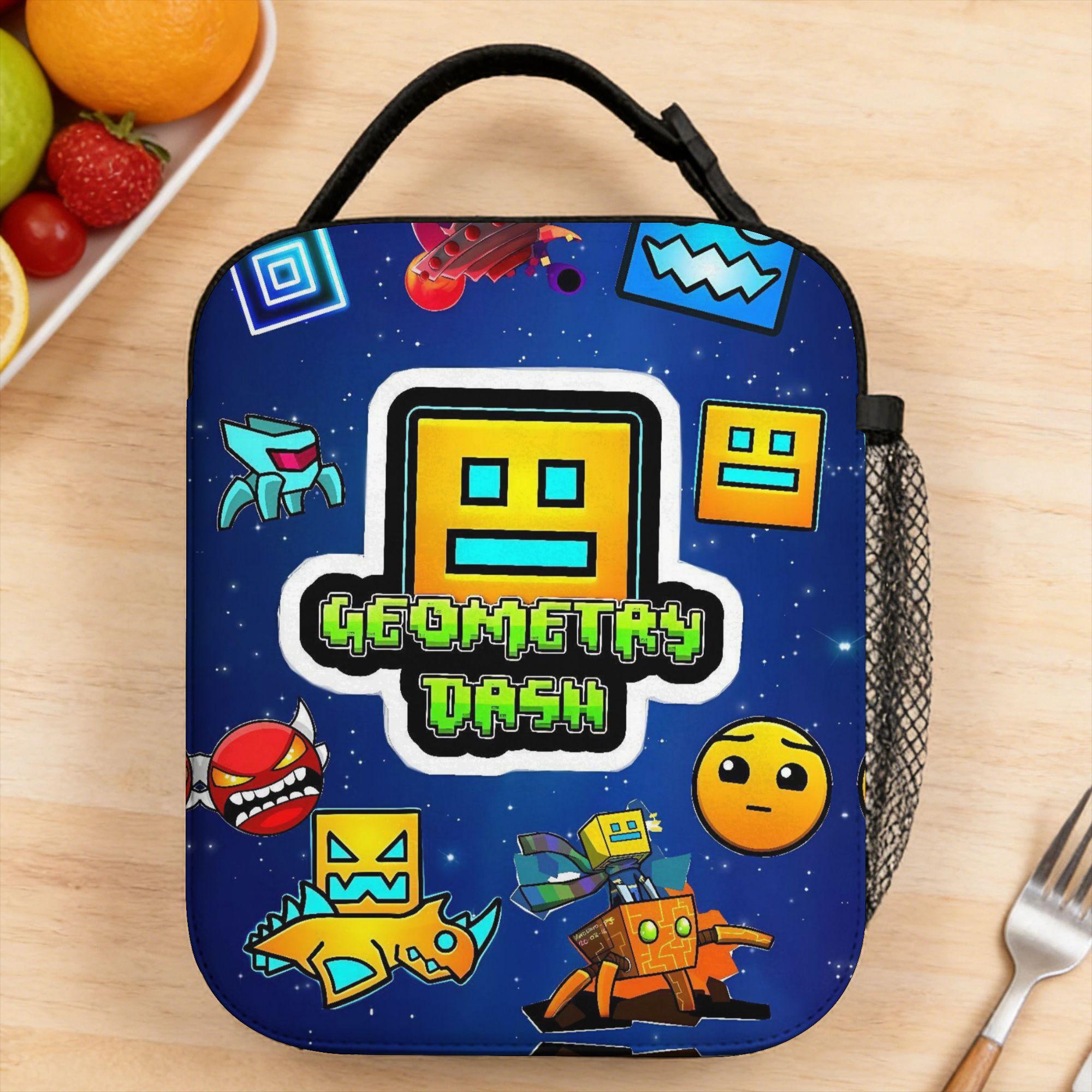Geometry Dash Game Music Cute Geometric Lunch Bag Outdoor Picnic Portable Zipper Tote Food Bags For Men Graphic Cooler Bag One Size