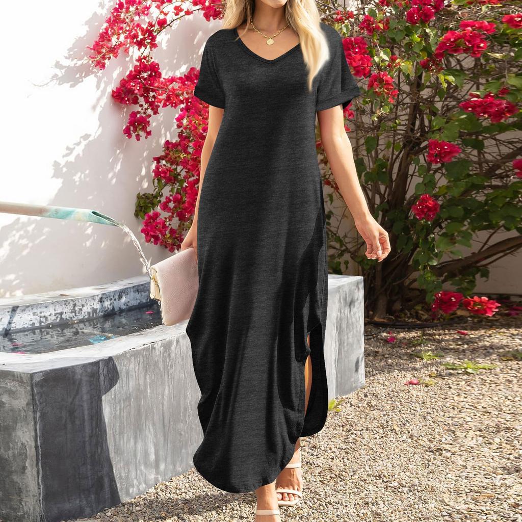 Damen Sommerkleid V-Ausschnitt Kurzarm Strandkleid Maxikleid Lang Kleider Casual Loose Fit Elegant Sommerkleid