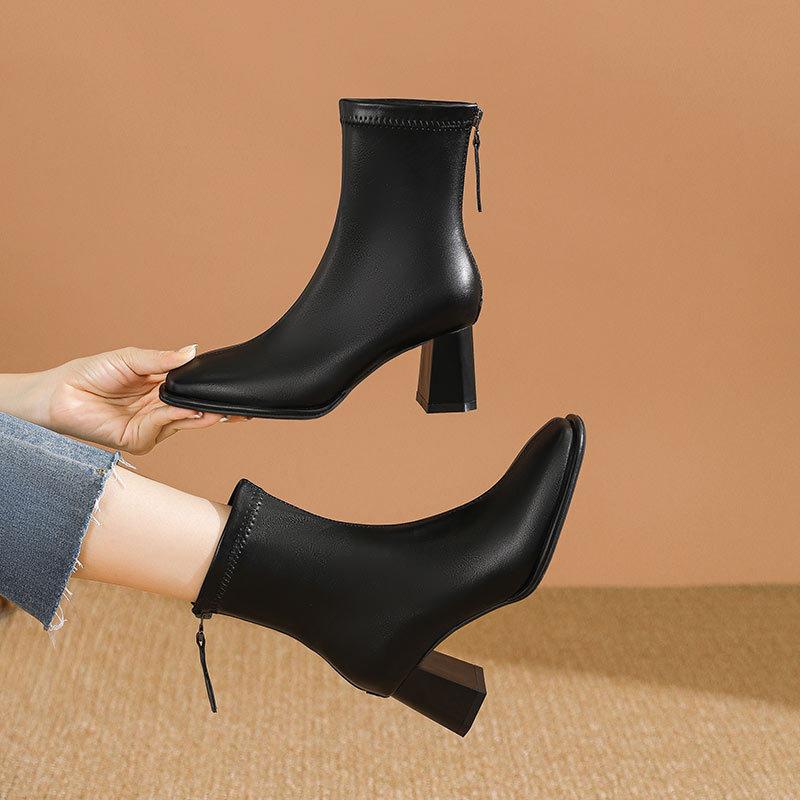 French high-heeled small short boots women's 2024 autumn and winter medium boots brown thick heel square head leather boots new thin boots