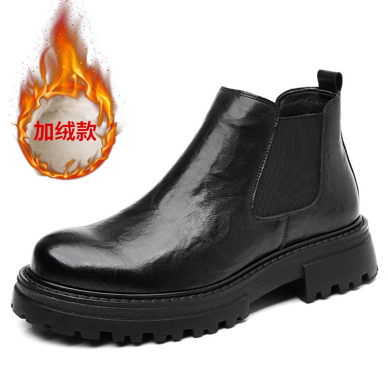 

Autumn and winter low helper scratch pattern mid top Chelsea boots British style men s shoes with thick fleece insulation boots 44