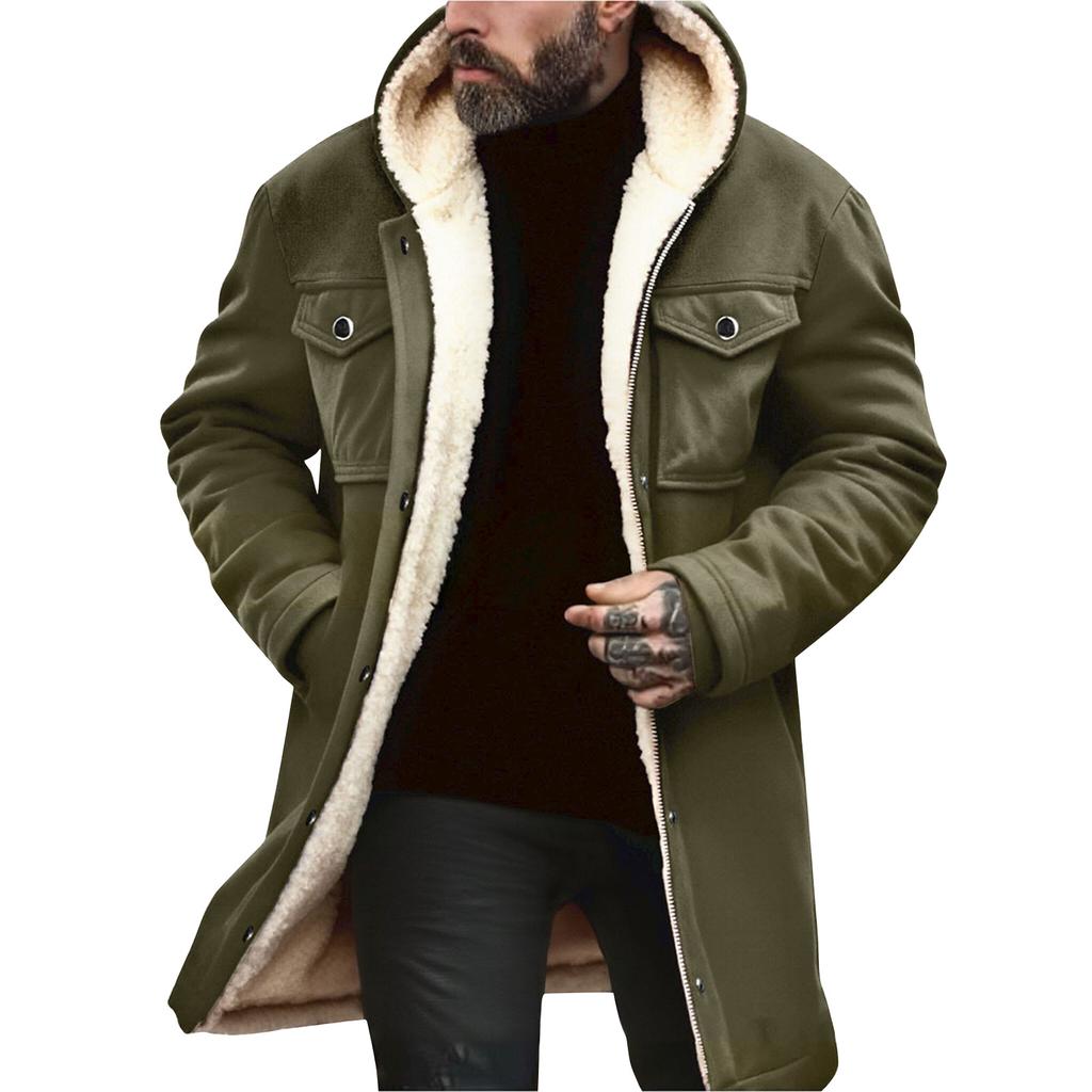 Men's Solid Color Button Pocket Work Wear Plus Leather Jacket Men's Casual Long Coat