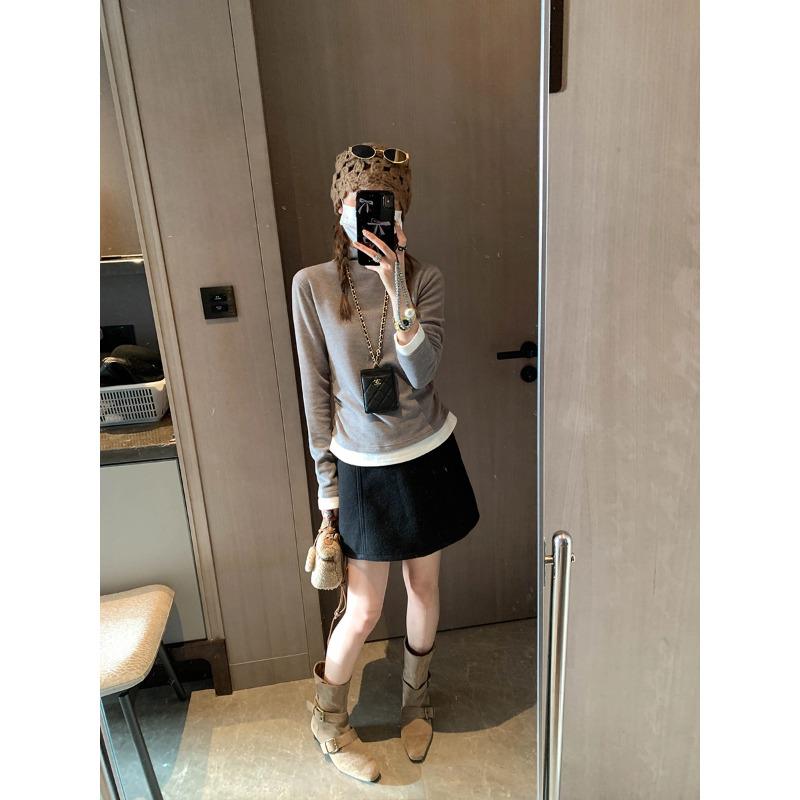 Moqie Korean Style Color Block Patchwork Two-Piece Half-High Collar Shirred Waist Slimming T-shirt Medium серый