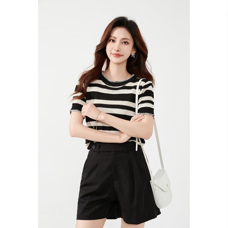 Aiyilian Women's Striped Color Block Knit T-shirt