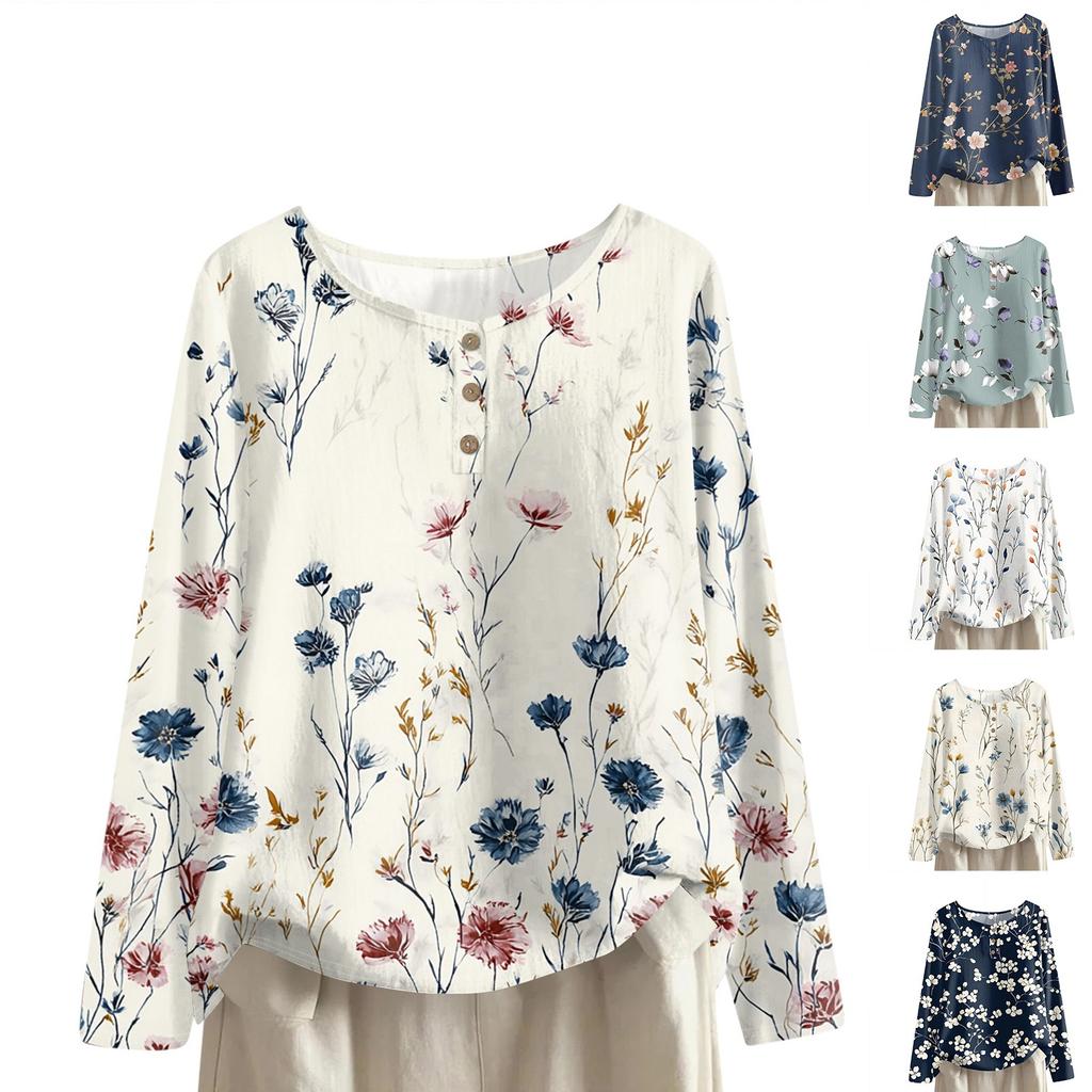 Women's Fashionable And Casual Shirt Long Sleeve Round Neck Solid-color Cotton And Linen Blouse Top