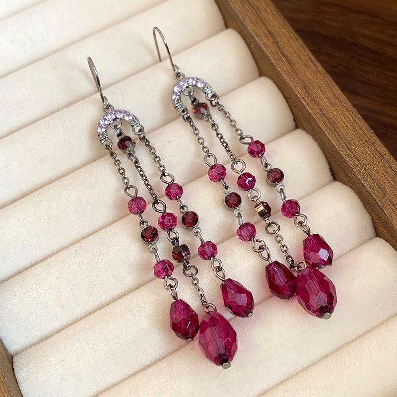Korean Rhinestone Glass Tassel Earrings - Light Luxury, Versatile High-End Design