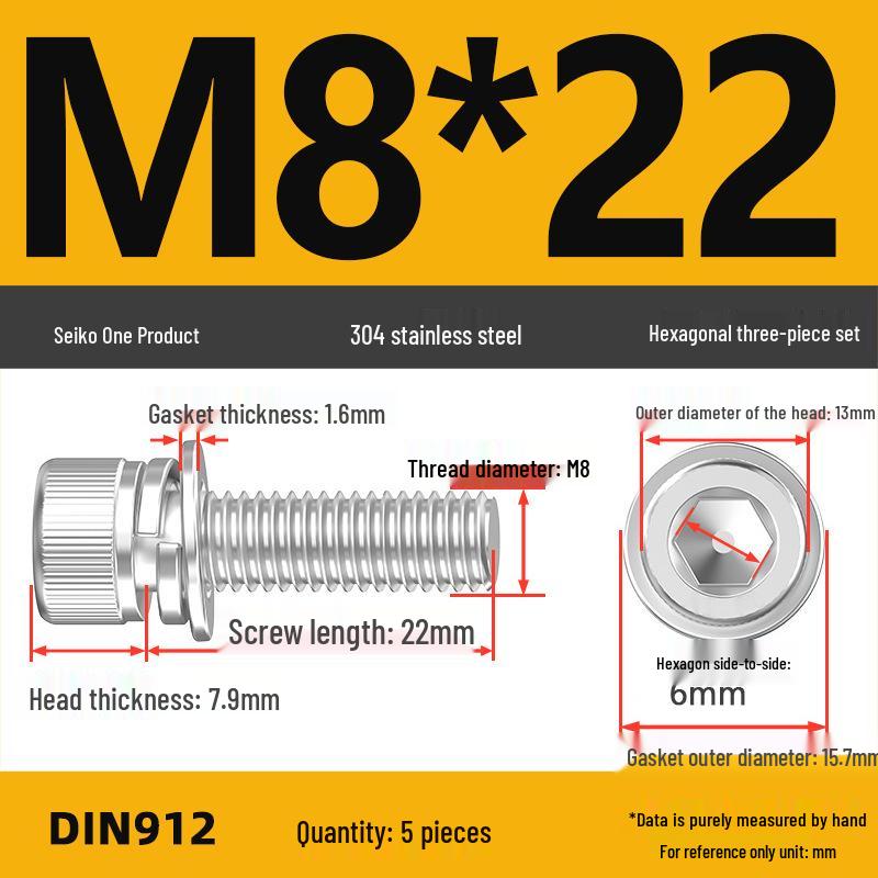 304 Stainless Steel Hex Socket Cap Screw with Washer - Sizes M3, M4, M5, M6, M8, M12