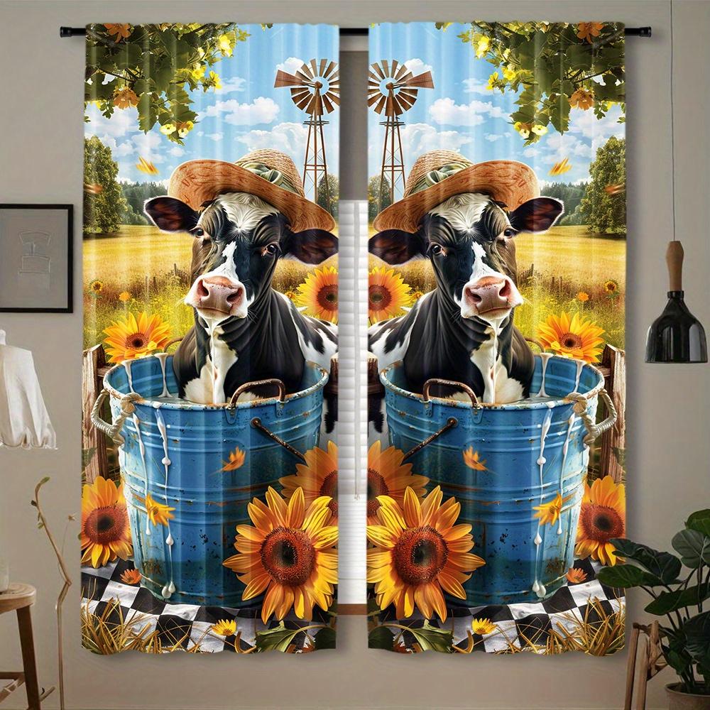 2pcs Farmhouse Sunflower and Cute Little Cow Curtains, Rustic Pastoral Style Rod Pocket Window Treatment, Semi-Transparent Polye