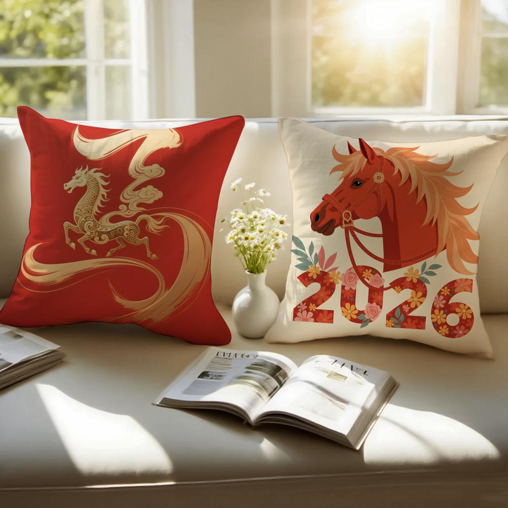 The Chinese Lunar New Year Horse Cushion Cover Pillowcase Antidustmite Invisible Zipper Short Plush Sofa Cushion