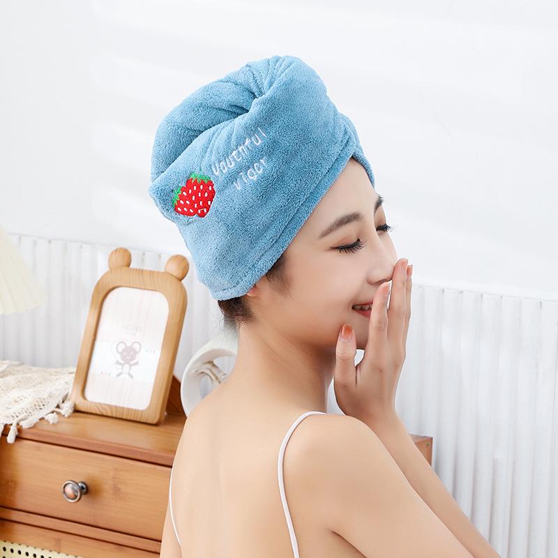 Absorbent Coral Fleece Hair Cap – Thick Double-Layer Shower Cap with Cute Embroidery for Hair Care