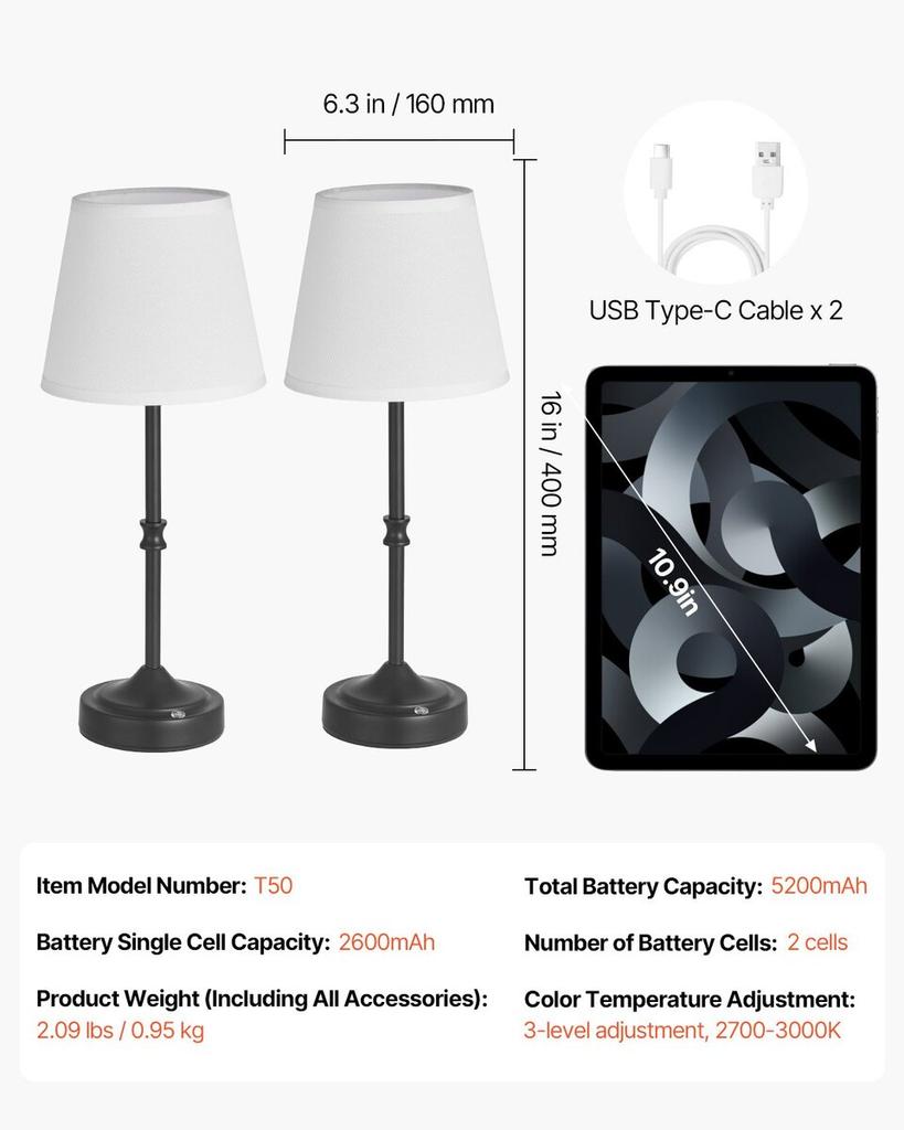 Cordless Table Lamp 2PCS Rechargeable Battery Desk Lamp Fabric Shade Black