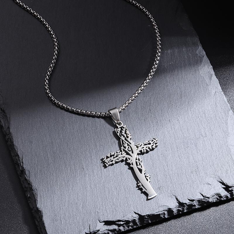 Stainless Steel Polished Design Tree of Life Cutout Cross Pendant Necklace for Men Women Prayer Amulet Jewelry