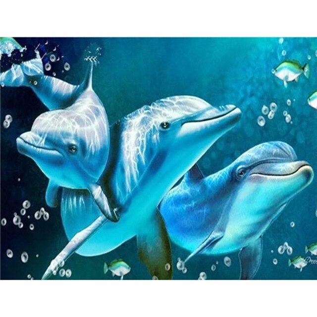 Animal Dolphins with Fish 5D Diy Diamond Painting Full Round Drill Mosaic Diamond Embroidery Rhinestones Home Decoration
