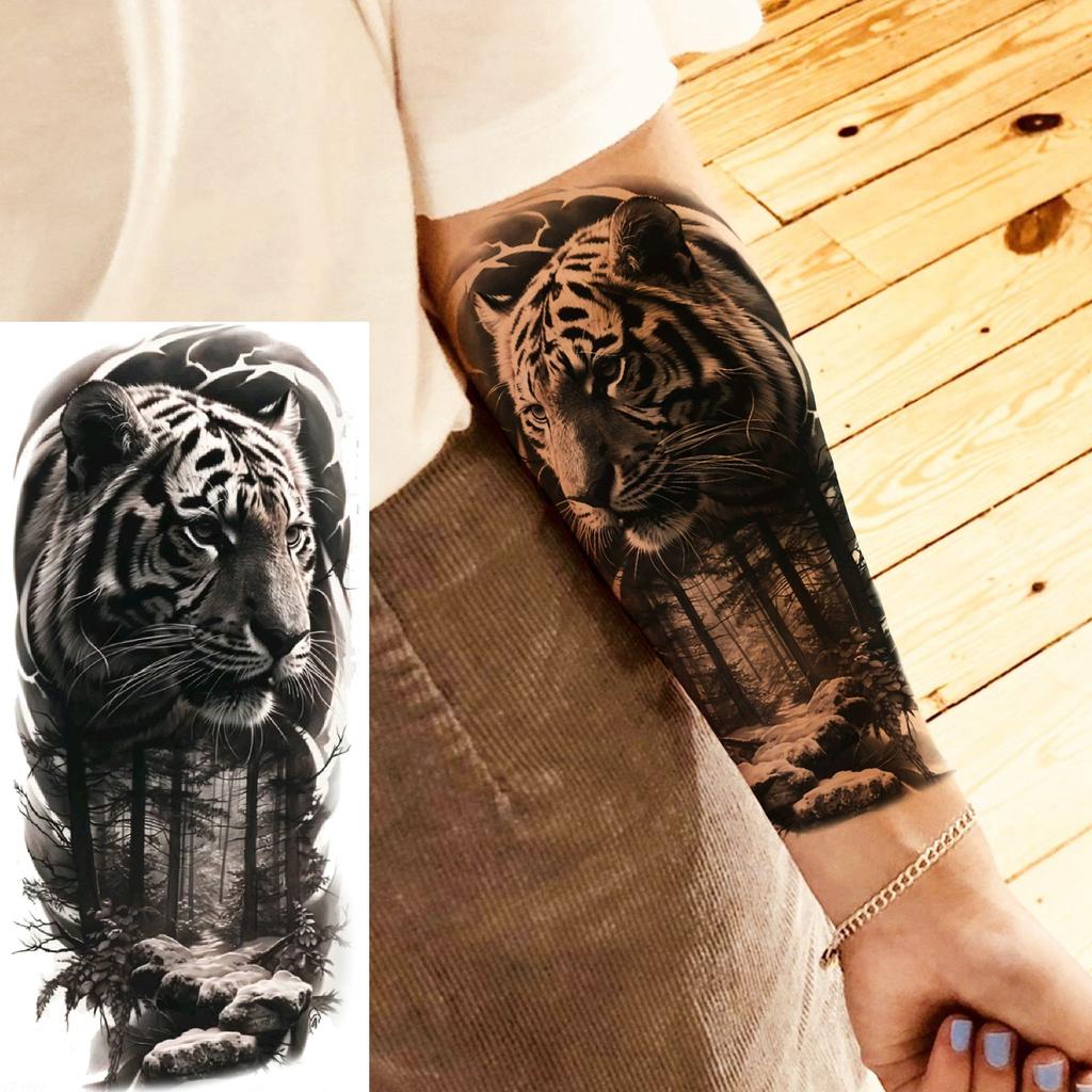 1 Sheet Cool Warrior Lion Tiger Skull Temporary Tattoos For Men Women Adults, Long Lasting Waterproof Temp Fake Tattoo Sticker