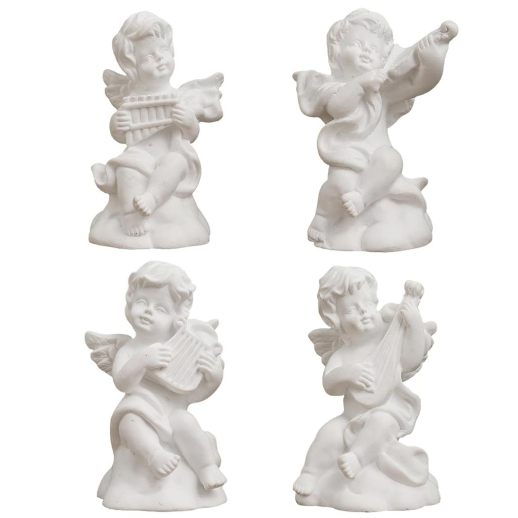 [Queen-b] Set of 4 Angel Figurines, Angel Objects, Interior Ornaments, Mini Decor, Cute, White Resin, Stylish Accessories