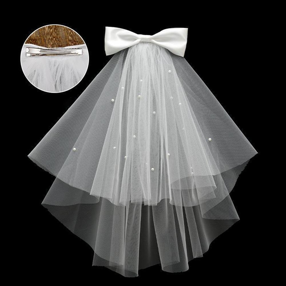 New Double Layer Bridal Veil Lace Edge White Women's Tulle Bow Puffy Photo Veil for Wedding Party