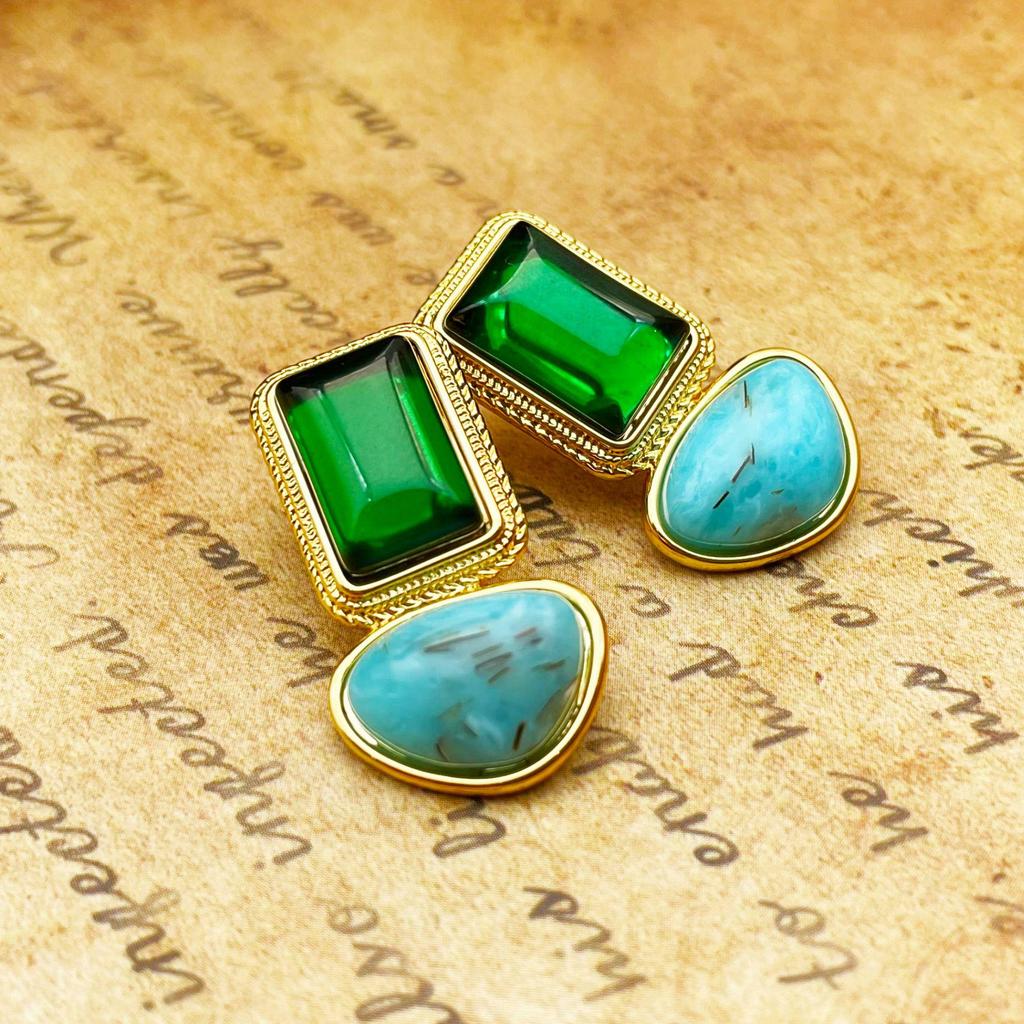Sterling Silver Geometric Emerald Stone Earrings - European & American Retro Design