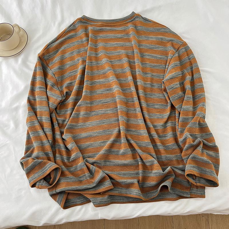 European Women's Oversized Gray-Orange Striped Long-Sleeve T-Shirt, Autumn 2025 Collection – Soft, Comfortable, and Versatile.