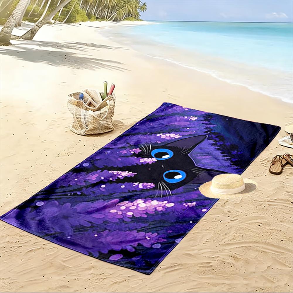 Black Cat In Lavender Field Design Beach Towel Quick-drying for Travel Outdoor Sports Jogging Beach and Swimming