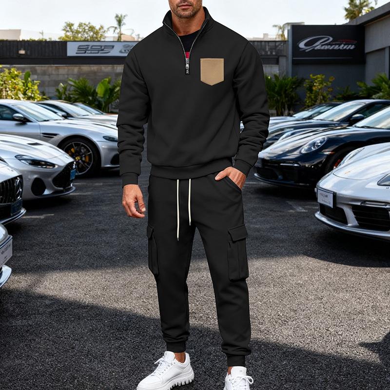 Autumn/Winter Heavyweight Men's Oversized Fleece-Lined Workwear Commuter Stand-Collar Sweatshirt & Workwear Sweatpants Two-Piece Set