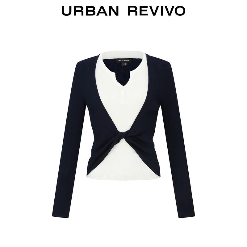 UR 2025 Autumn Women's Color-Block Twist Knit Top