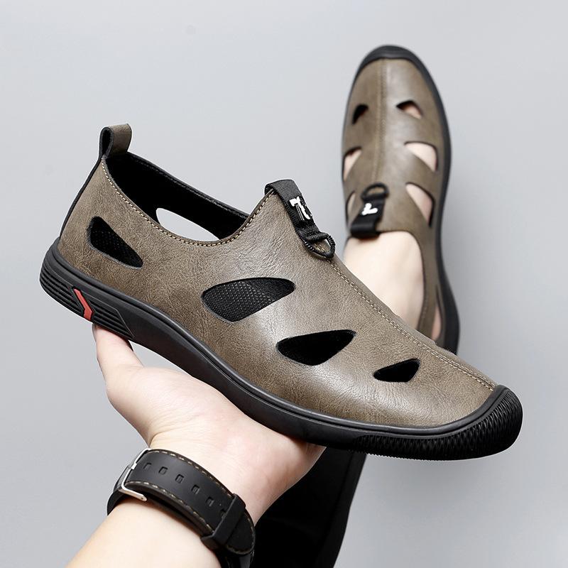 Black Hollowed-out Leather Shoes for Young Men, Breathable One-pedal Soft-soled Cool Leather Shoes, Business British Summer Leisure Shoes