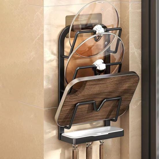 Wall-Mounted Pot Lid Holder Kitchen Pot Lid Storage Rack Punch-Free Pot Lid Organizer with Removable Drip