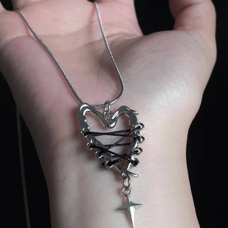 Edgy Necklace Black Rope Chain Gothic Heart Charm Pendant Neckwear Punk Jewelry Gift for Her
