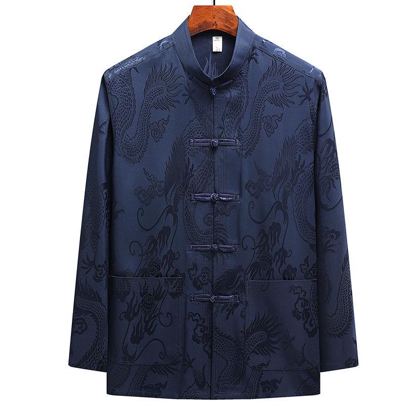 Men's Ice Silk Long-Sleeve Tang Suit: Chinese-Style Spring Hanfu for Older Adults, Loose Fit
