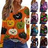 Women's Halloween Print V-Neck T-Shirt with Decorative Buttons Long Sleeve Casual Top
