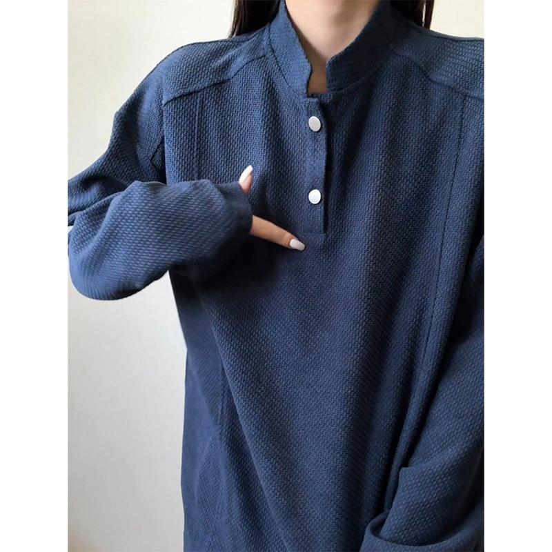 Navy Blue Breathable Henley Neck Long Sleeve T Shirt Men Casual Cleanfit Couple Top