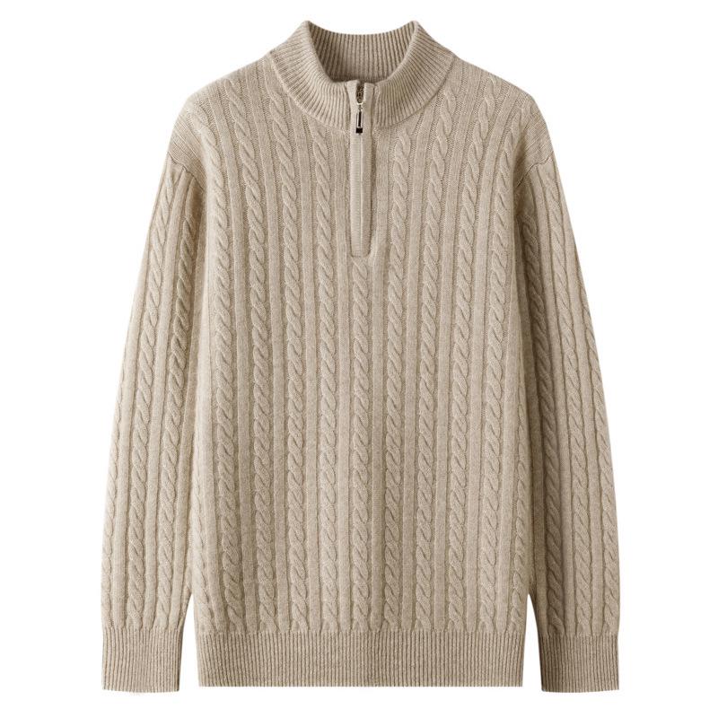 Men's 2024 Autumn/Winter Zippered Cashmere Sweater - Half-High Collar, Thick Cable Knit, Loose Plus Size