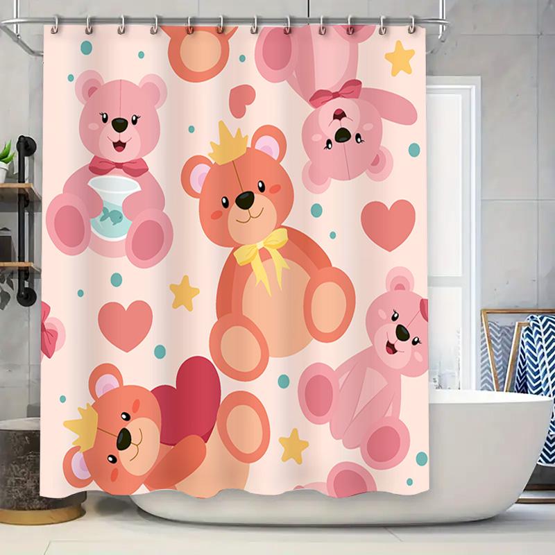 Cute Cartoon Animals Shower Curtain featuring Teddy Bears and Bunnies Pink Princess Castle Home Decor for Bathroom 72 x 72 Inche