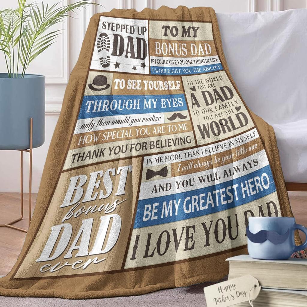 Bonus Dad Gift from Daughter Son Flannel Throw Blanket, for Stepped up Dad, Birthday Ideas for Men, Brown Soft Farmhouse Bedding Sofa Blankets