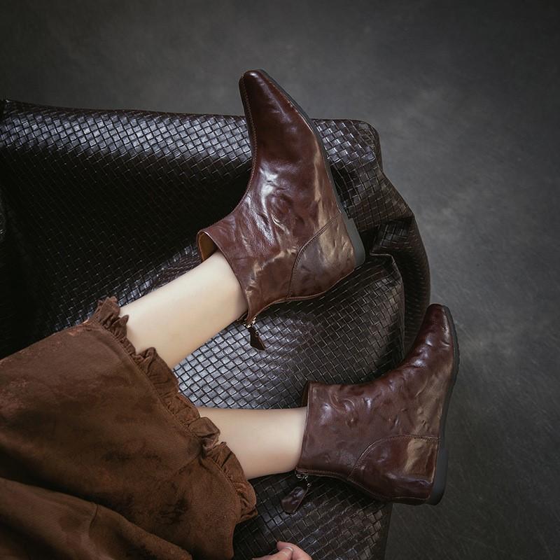 Johnature Genuine Leather Pleated Height-increasing Short Boots Retro Versatile Square Toe Women's Shoes
