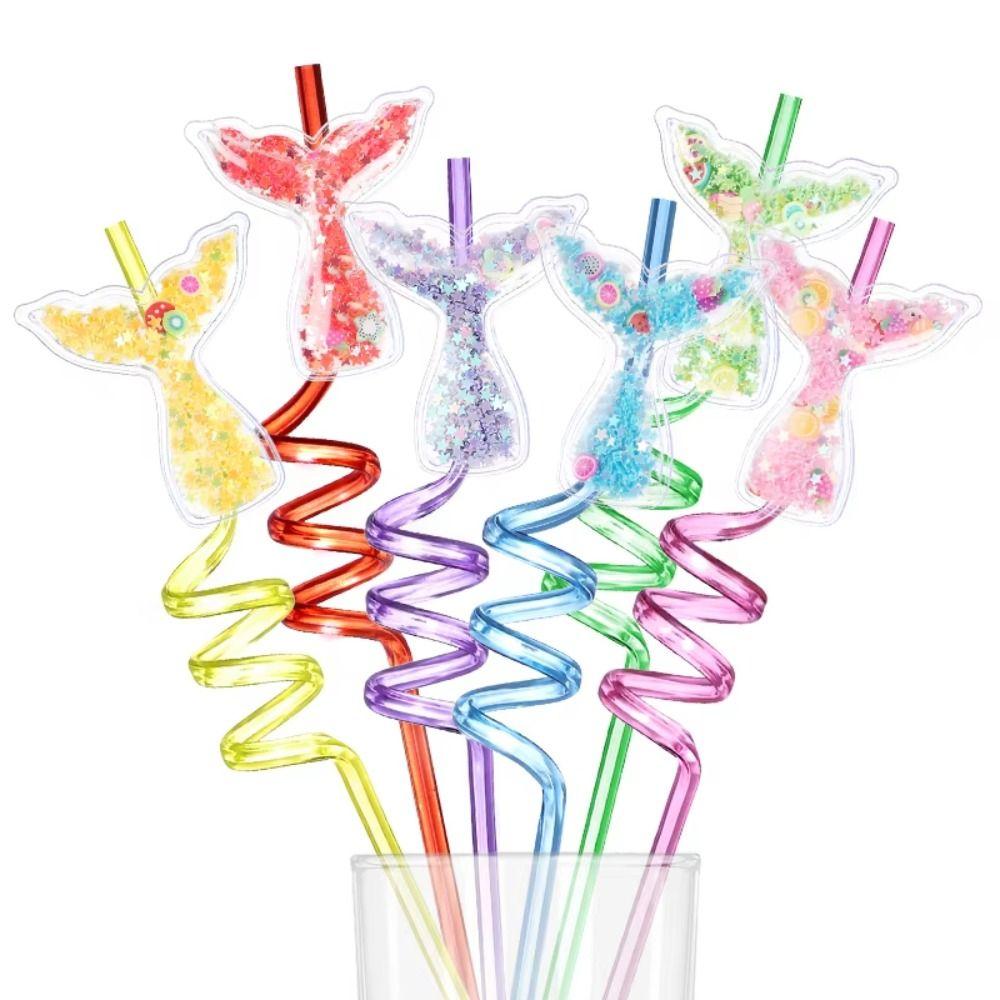8Pcs Cartoon Mermaid Tail Straws PETR Party Straws Fun Spiral Straw  Party Decorations