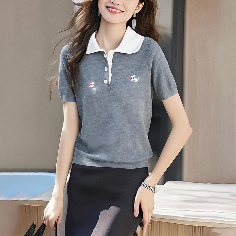 Spring Summer Embroidered Polo Collar Knit Top Women Buttons Short Sleeve Shirt