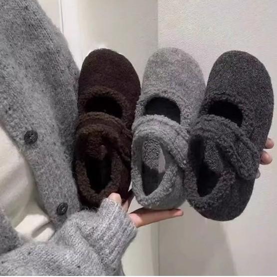 Cotton Shoes Women's Mary Jane Shoes Inner Height Increase Thick Sole Season Single Birkenstocks Elegant Women's Shoes Thin Fluffy Shoes Velvet