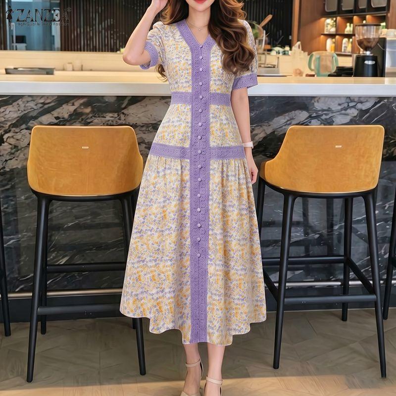 

ZANZEA Women Elegant Floral Print Casual V-Neck Lace Splice Summer Short Sleeve Dress 2XL фіолетовий
