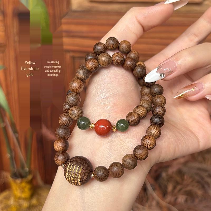 Genuine Hong Kong Agarwood Bracelet: Yellow Chess 8mm, Five-Stripe Double-Loop Design, Wenwan Buddhist Prayer Beads. 8mm