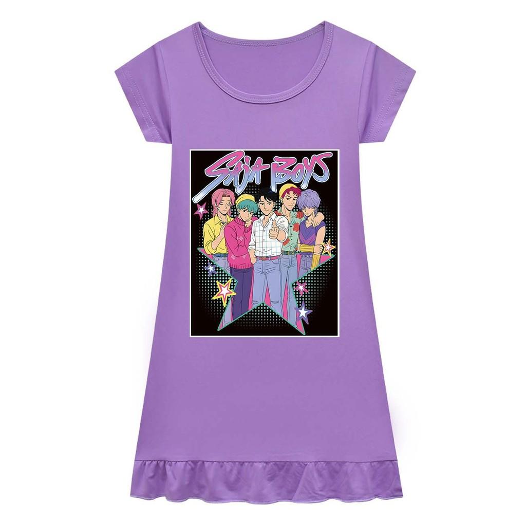 Kids Girls Anime Cartoon K-POP Rumi Zoey Mira Print Pleat Short Sleeve Casual Round Neck Dress
